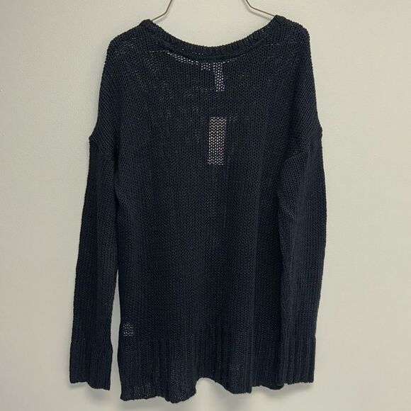 Francesca’s M Navy Relaxed Fit Crewneck Cotton Blend Buttoned Side Knit Sweater - Picture 6 of 10